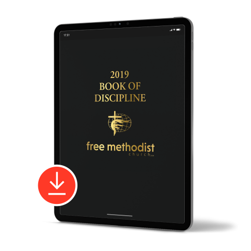 Tablet with red download symbol. Graphic of Cover of 2019 Book of Discipline Free Methodist Church USA with global cross logo