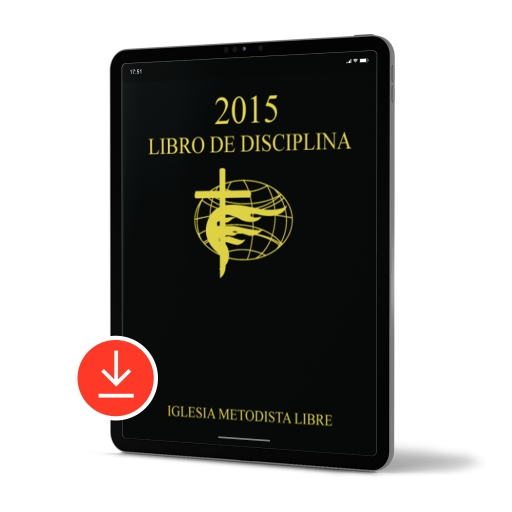 Tablet with red download symbol. Graphic of Cover of 2015 Libro De Disciplina Iglesia Metodista Libre with global cross logo