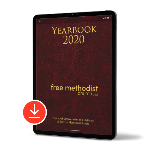 Tablet with red download symbol. Graphic of Cover of Yearbook 2020 Free Methodist Church USA in Maroon and Gold