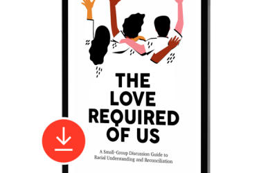 Book with white cover, illustrations of three people embracing with arms raised. Text in Black: The Love Required of Us by Liz Cornell