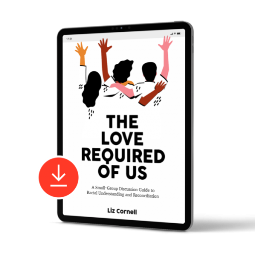 Book with white cover, illustrations of three people embracing with arms raised. Text in Black: The Love Required of Us by Liz Cornell