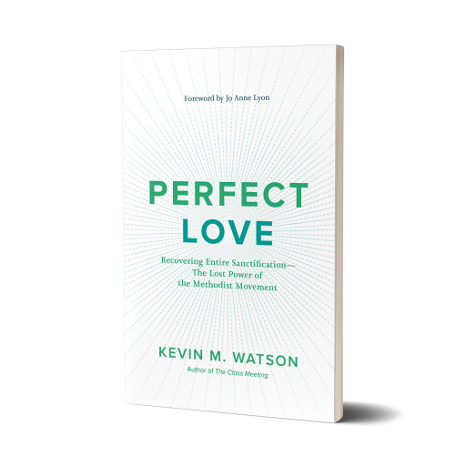 White book cover with blue-green sunburst dots. Green-Blue Text: Perfect Love by Kevin M. Watson