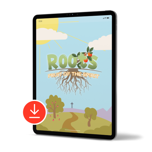 Tablet with red download symbol. Graphic of Roots: Fruit of the Spirit. Illustration of sky, sun and open field with fruit tree.