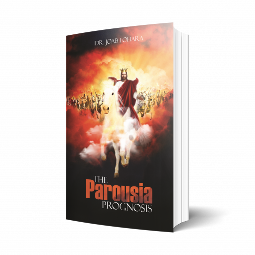 Book Cover: The Parousia Prognosis. Red Clouds of Heaven opening with large group of people on white horses. Jesus in the foreground riding a white horse, wearing a crown, wearing a red and white robe.
