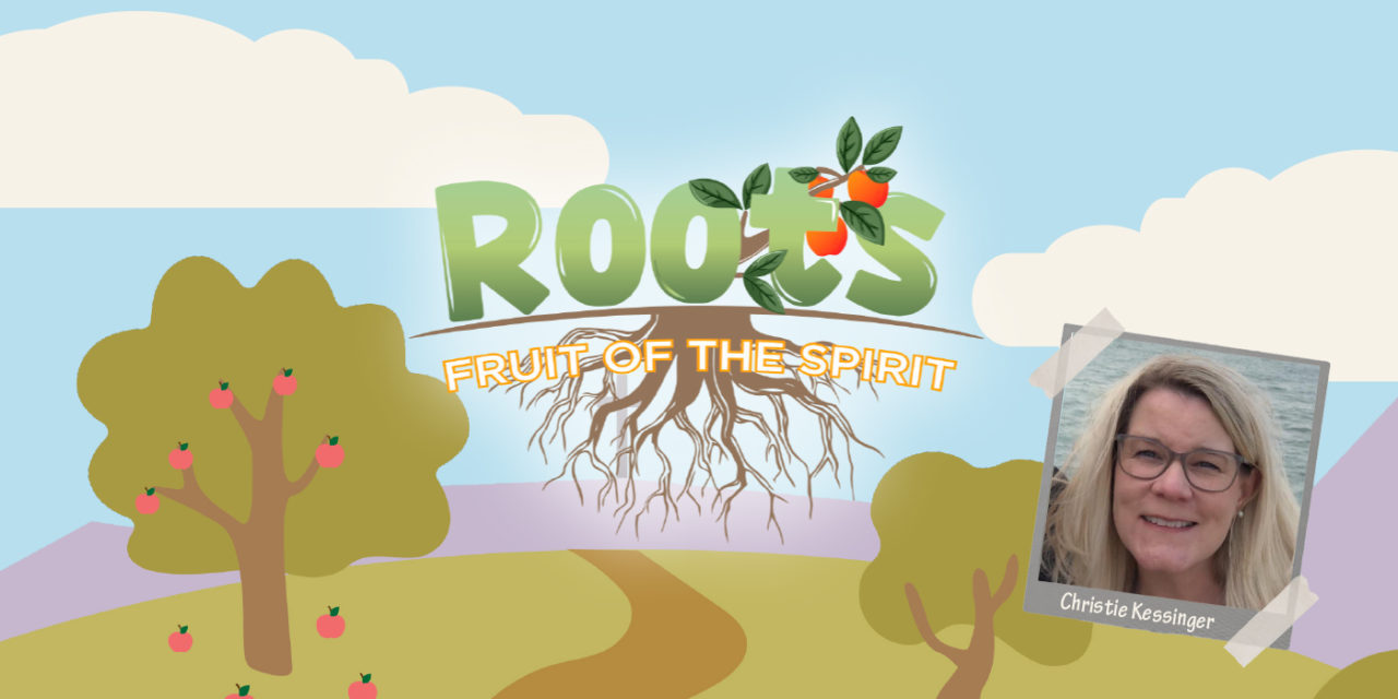 Illustration of cloudy sky with hilly foreground and fruit tree. Logo: Roots Fruit of the Spirit. Photo of Christie Kessinger