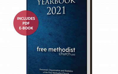 Perfect Bound Book with Blue Cover. Title: Yearbook 2021, FMCUSA. Red Circle: Includes PDF E-book
