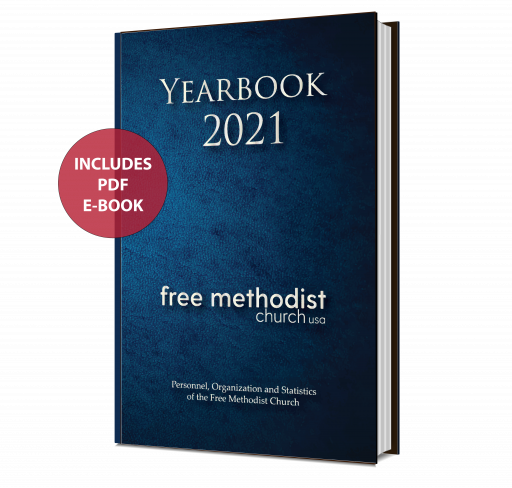 Perfect Bound Book with Blue Cover. Title: Yearbook 2021, FMCUSA. Red Circle: Includes PDF E-book