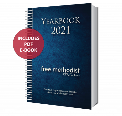 Spiral Bound Book with Blue Cover. Title: Yearbook 2021, FMCUSA. Red Circle: Includes PDF E-book