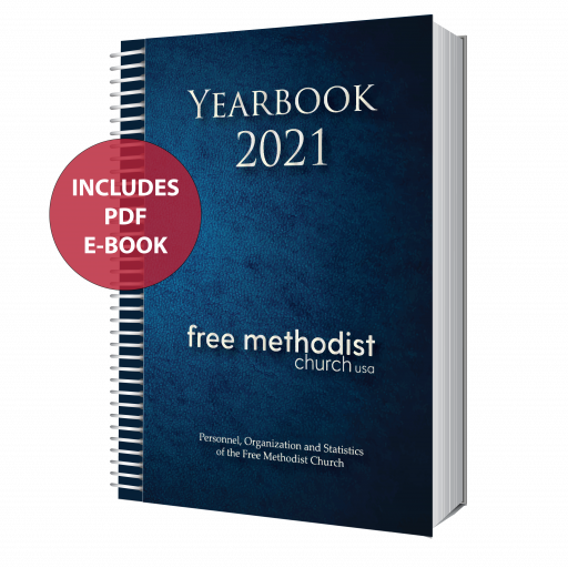 Spiral Bound Book with Blue Cover. Title: Yearbook 2021, FMCUSA. Red Circle: Includes PDF E-book