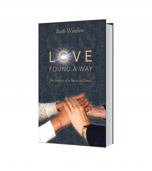 Book Cover: Two people holding hands. Blue floral background. Title in Gold: Love Found a Way by Ruth Winslow