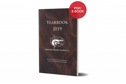 Perfect Bound Book with Brown Cover. Title: Yearbook 2019, FMCUSA. Red Circle: PDF/E-Book