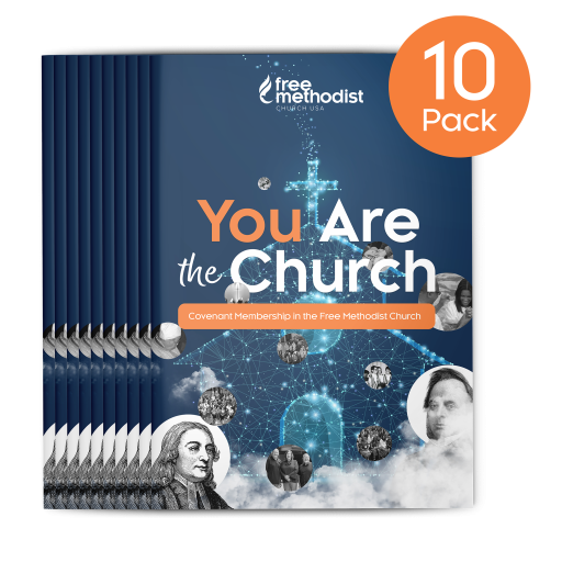 You are the Church: Covenant Membership in the Free Methodist Church. Pictures of historical figures set on blue background of connected web.